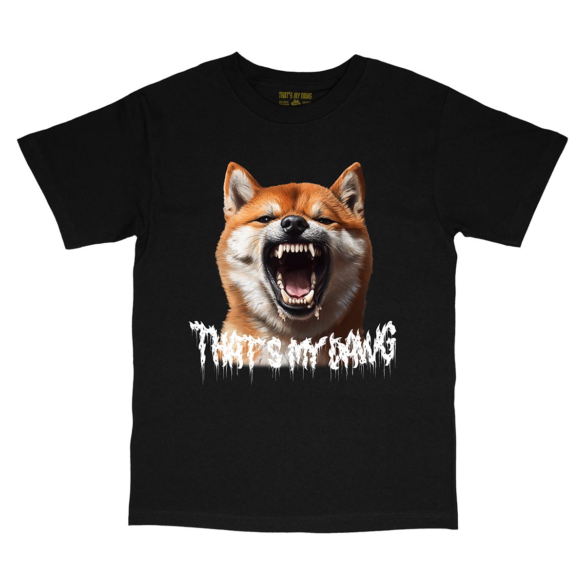 a black t - shirt with an image of a dog with its mouth open
