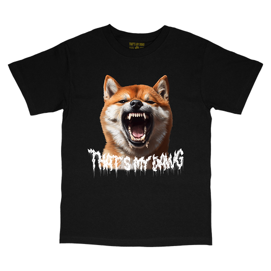 a black t - shirt with an image of a dog with its mouth open
