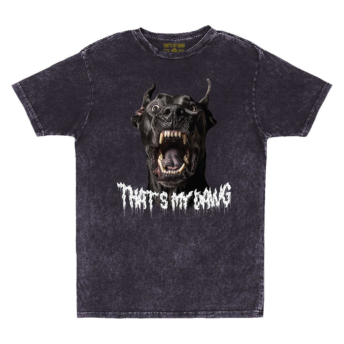 a black t - shirt with an image of a dog's mouth
