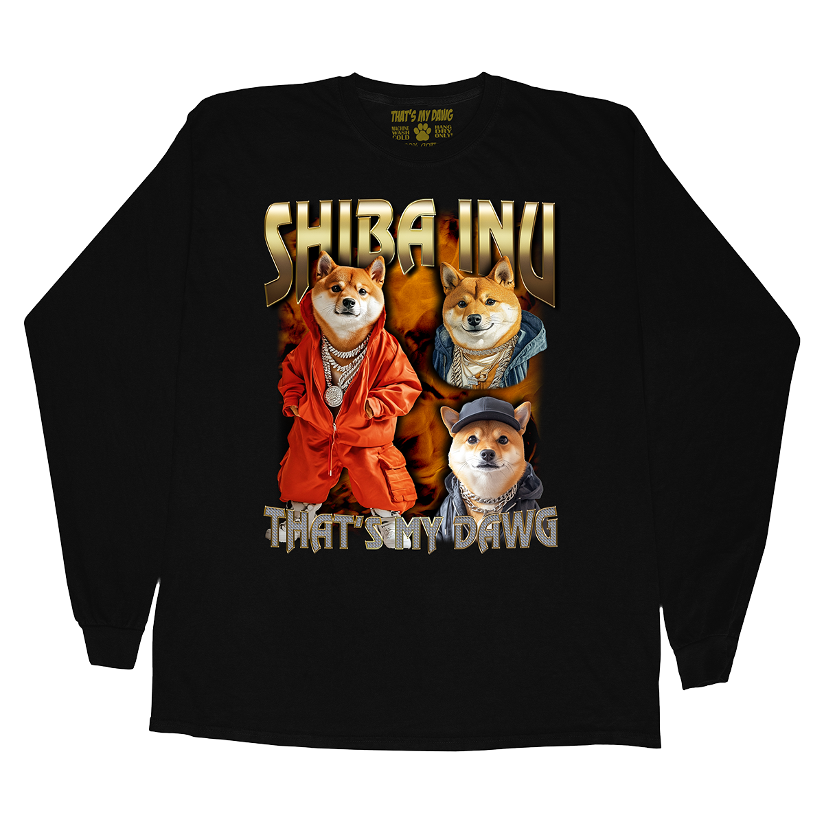 a black shirt with a picture of three corgis on it