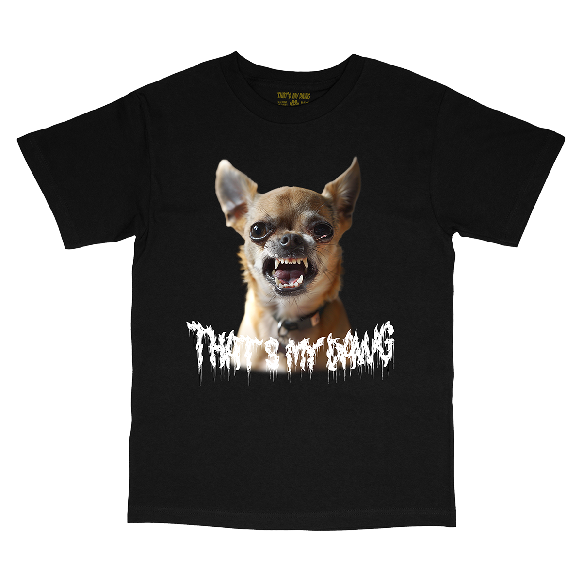 a black t - shirt with a picture of a dog with teeth