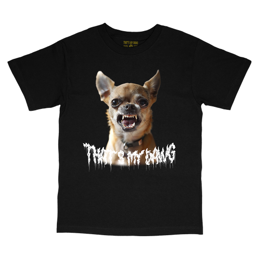 a black t - shirt with a picture of a dog with teeth