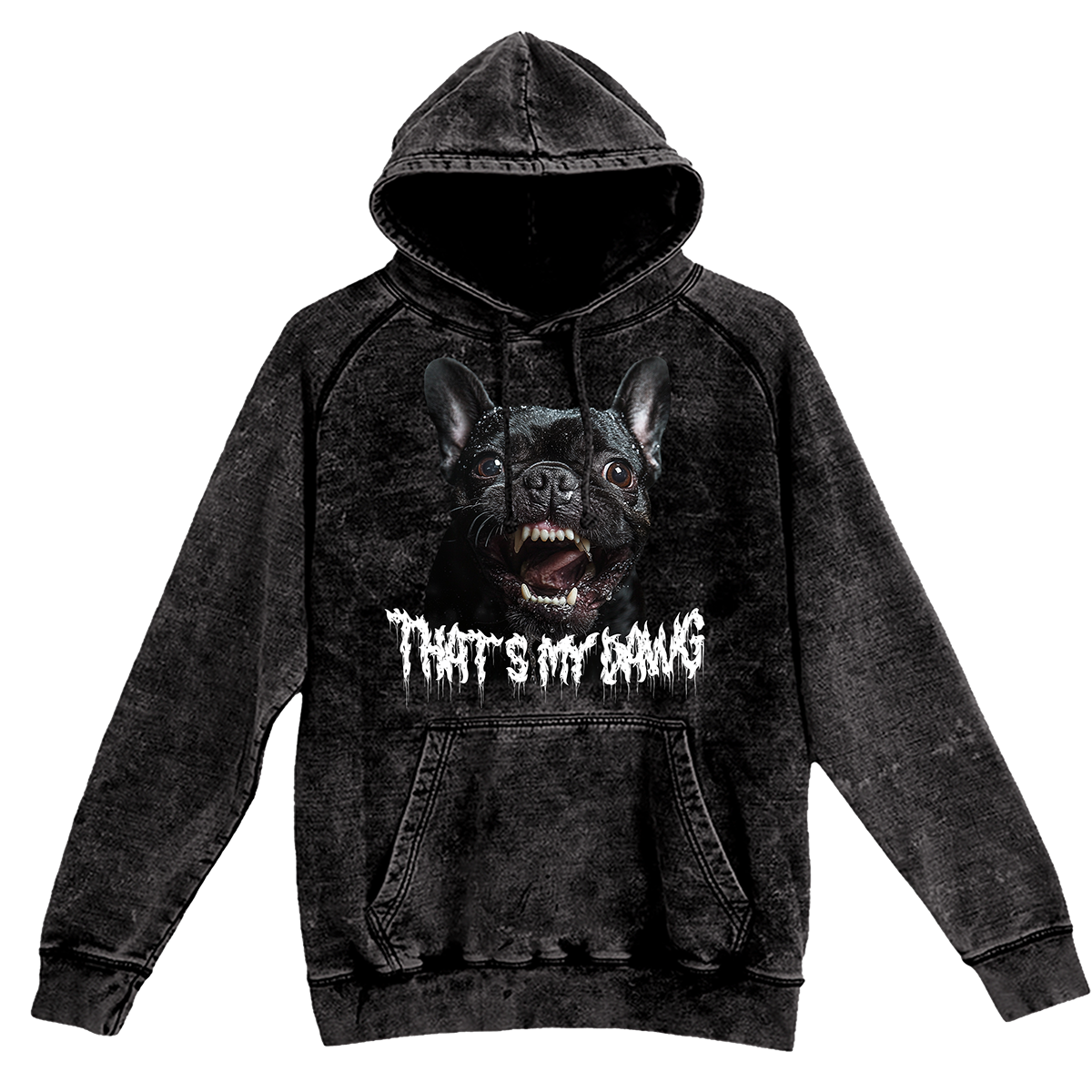 a black hoodie with a picture of a dog on it