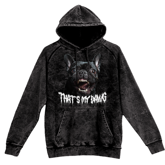 a black hoodie with a picture of a dog on it