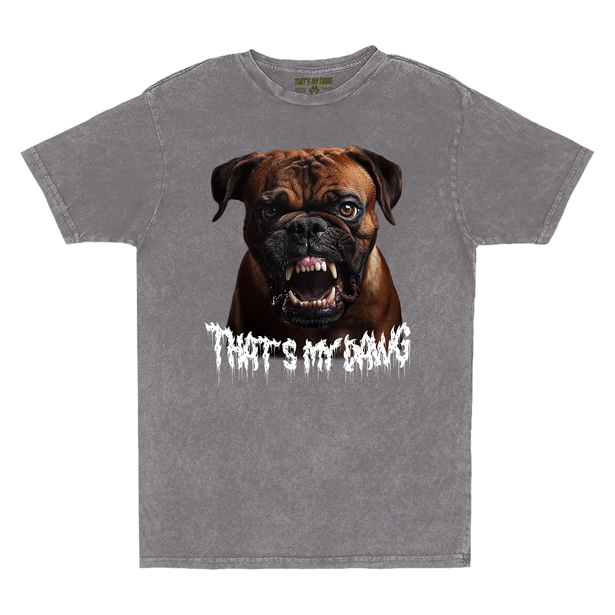 a gray shirt with an image of a dog that says, that's my