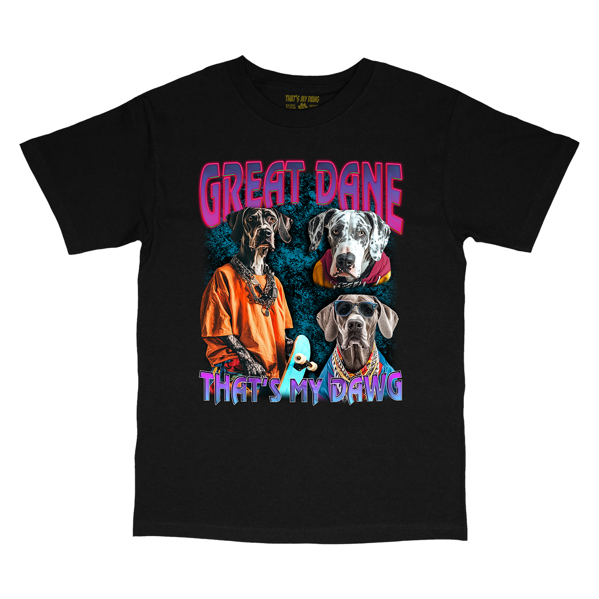 a black t - shirt with three dogs on it