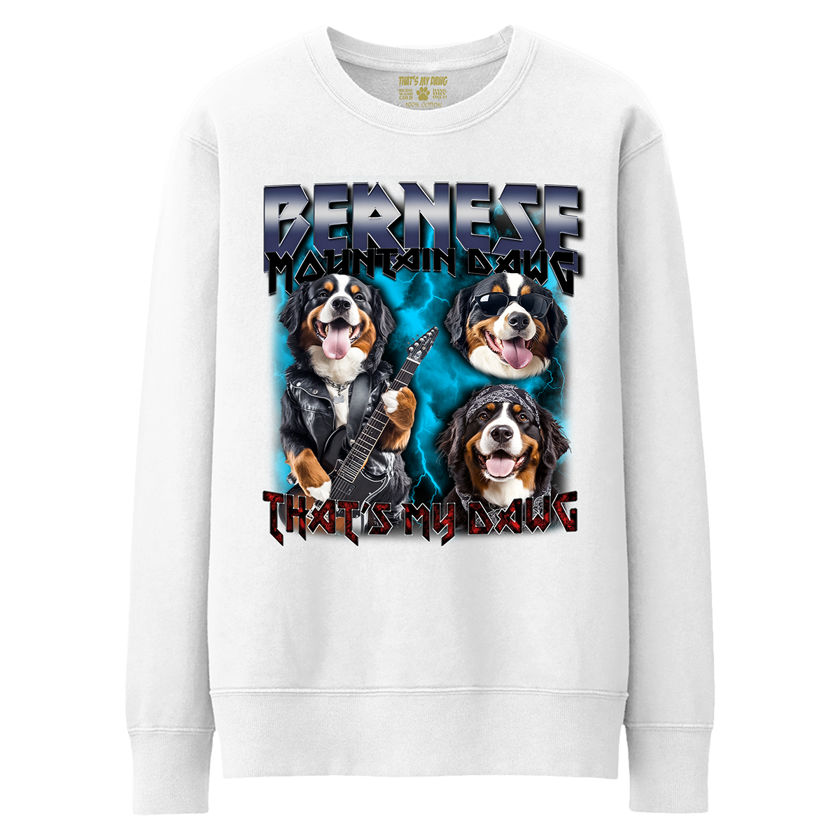 a white sweatshirt with a picture of two dogs on it