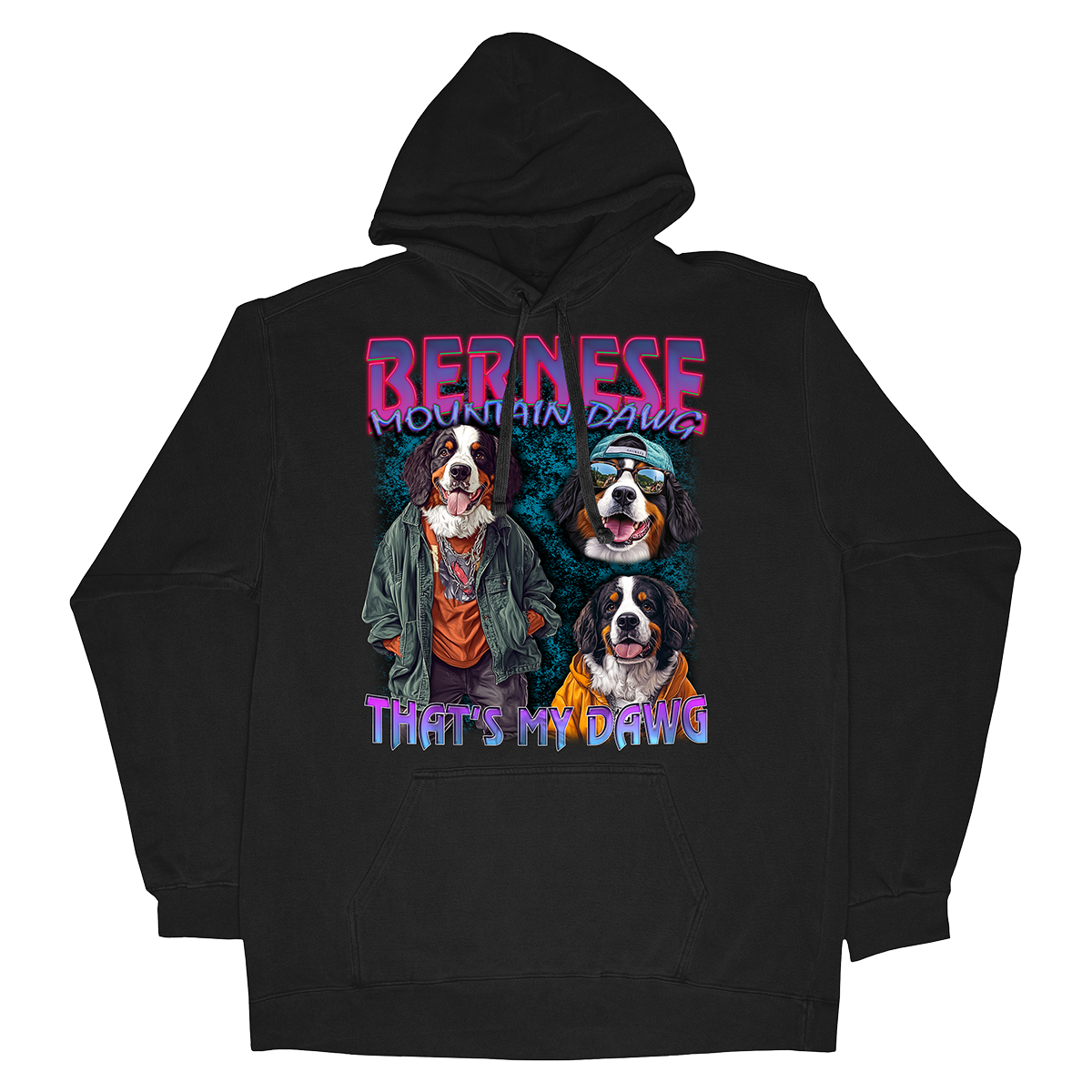 a black hoodie with three dogs on it
