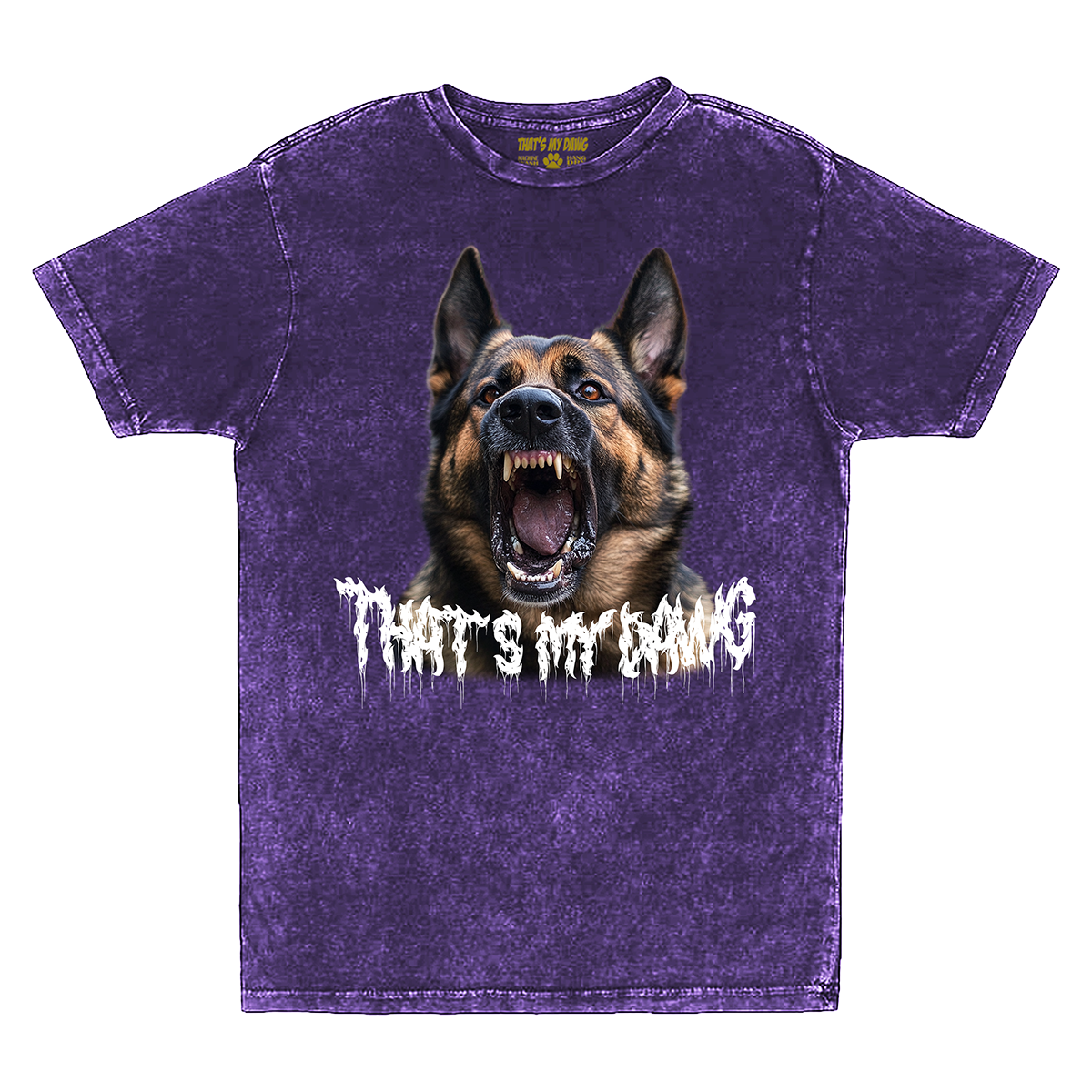 a purple t - shirt with a picture of a dog on it