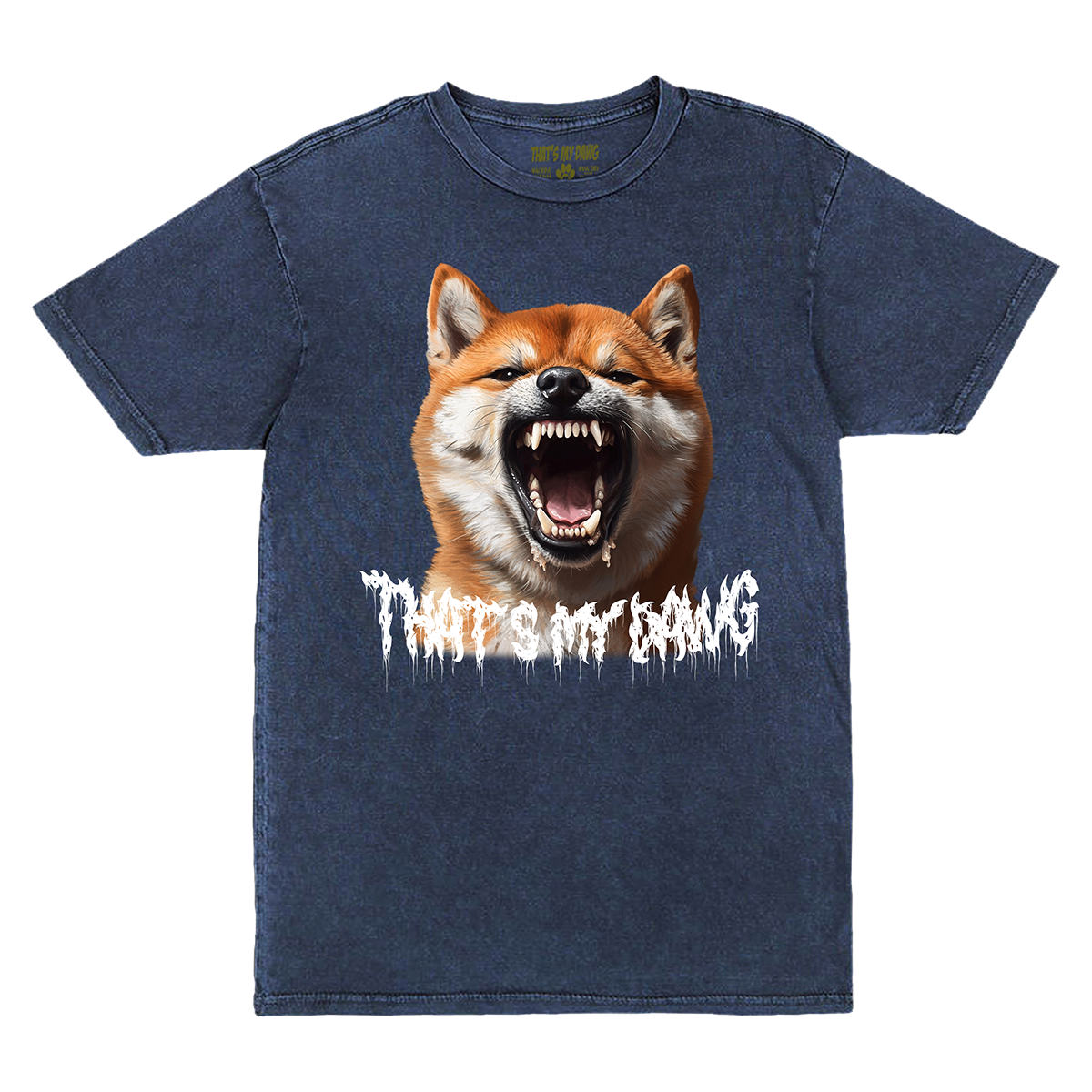 a t - shirt with an image of a dog with its mouth open