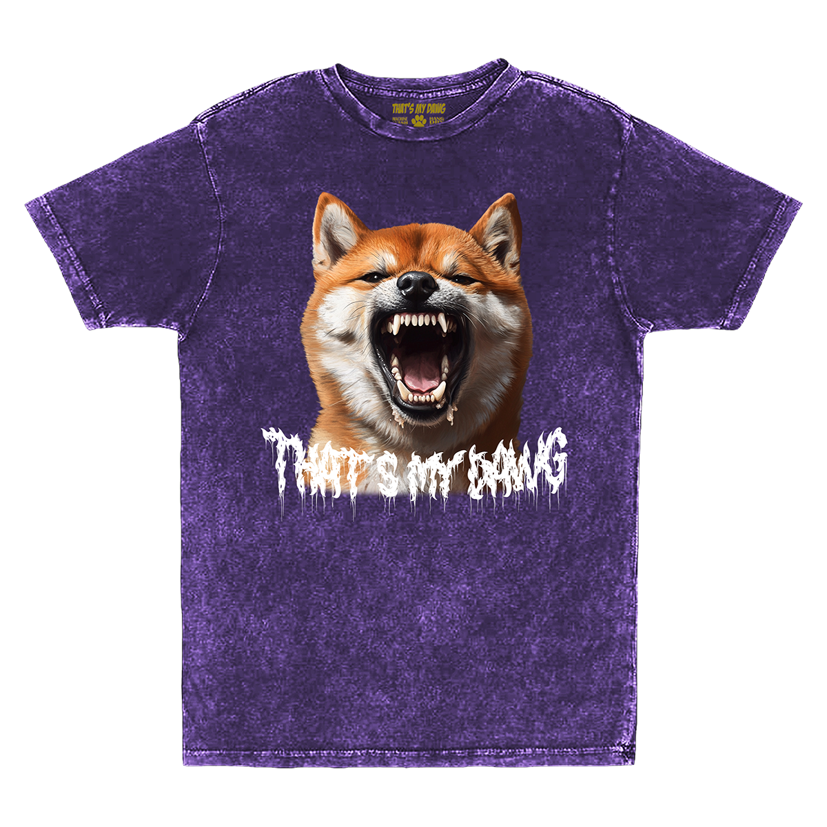 a purple t - shirt with a picture of a dog with its mouth open