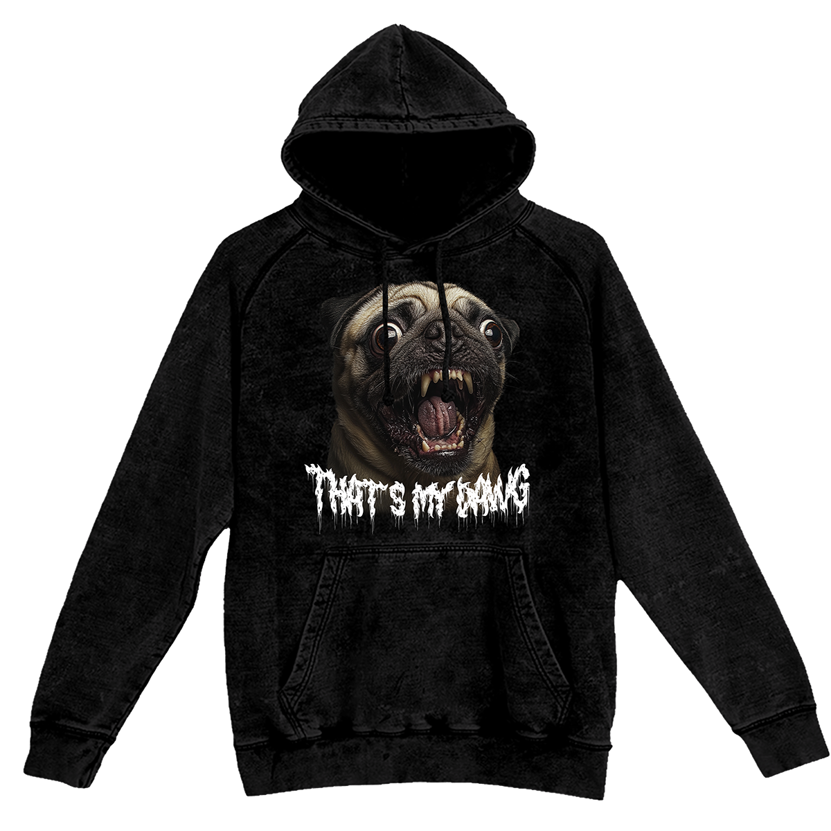 a black hoodie with a pug's head on it