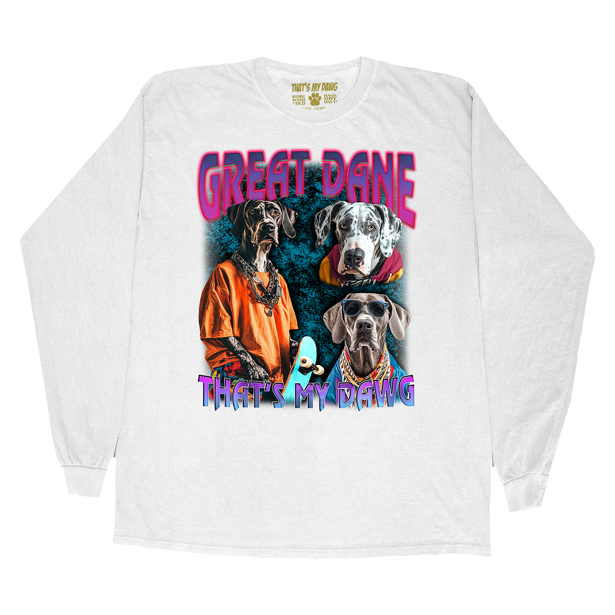 a white shirt with a picture of two dogs on it