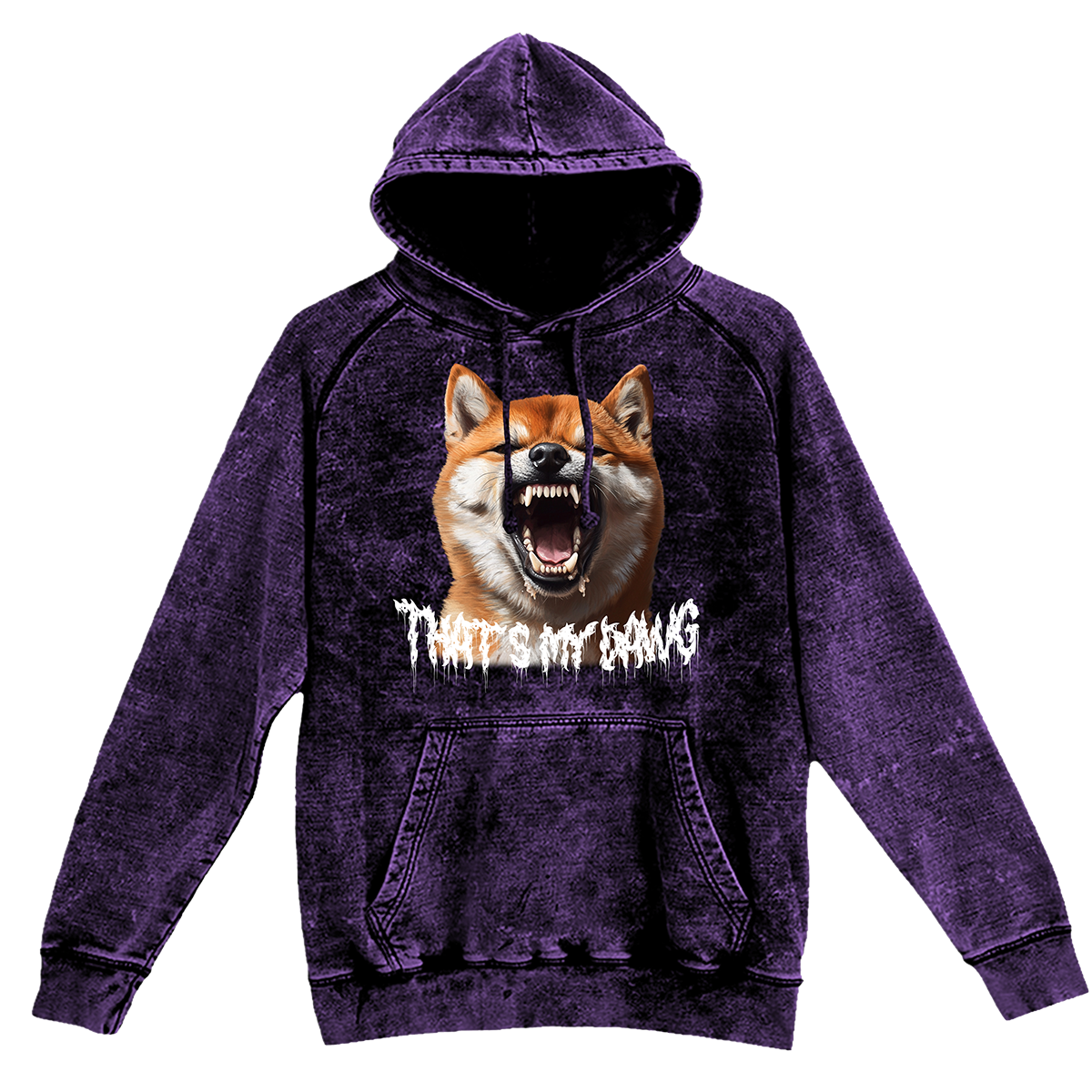 a purple hoodie with a picture of a dog on it