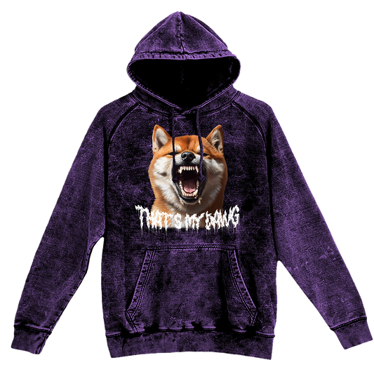 a purple hoodie with a picture of a dog on it