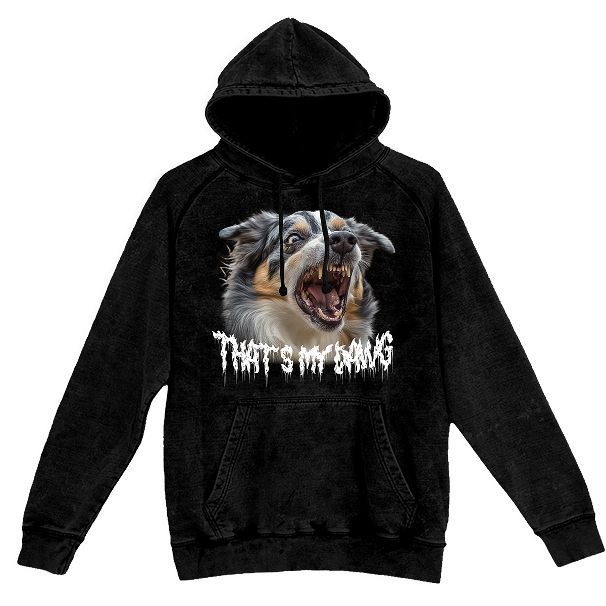 a black hoodie with a picture of a dog on it