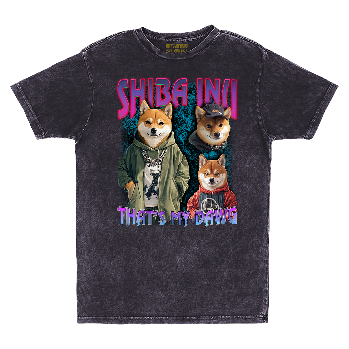 a black shirt with three dogs wearing clothes