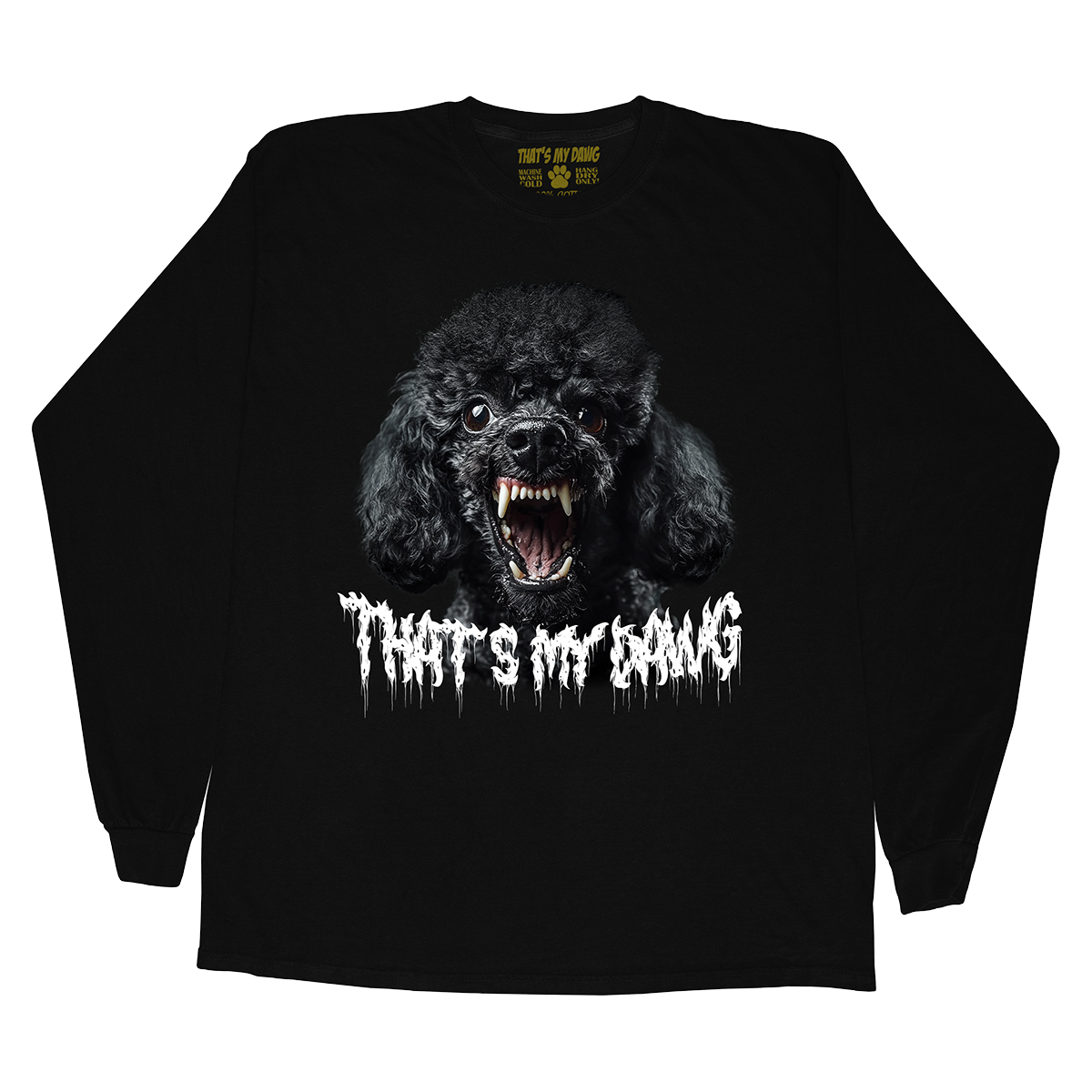 a black t - shirt with a black dog's face and the words that