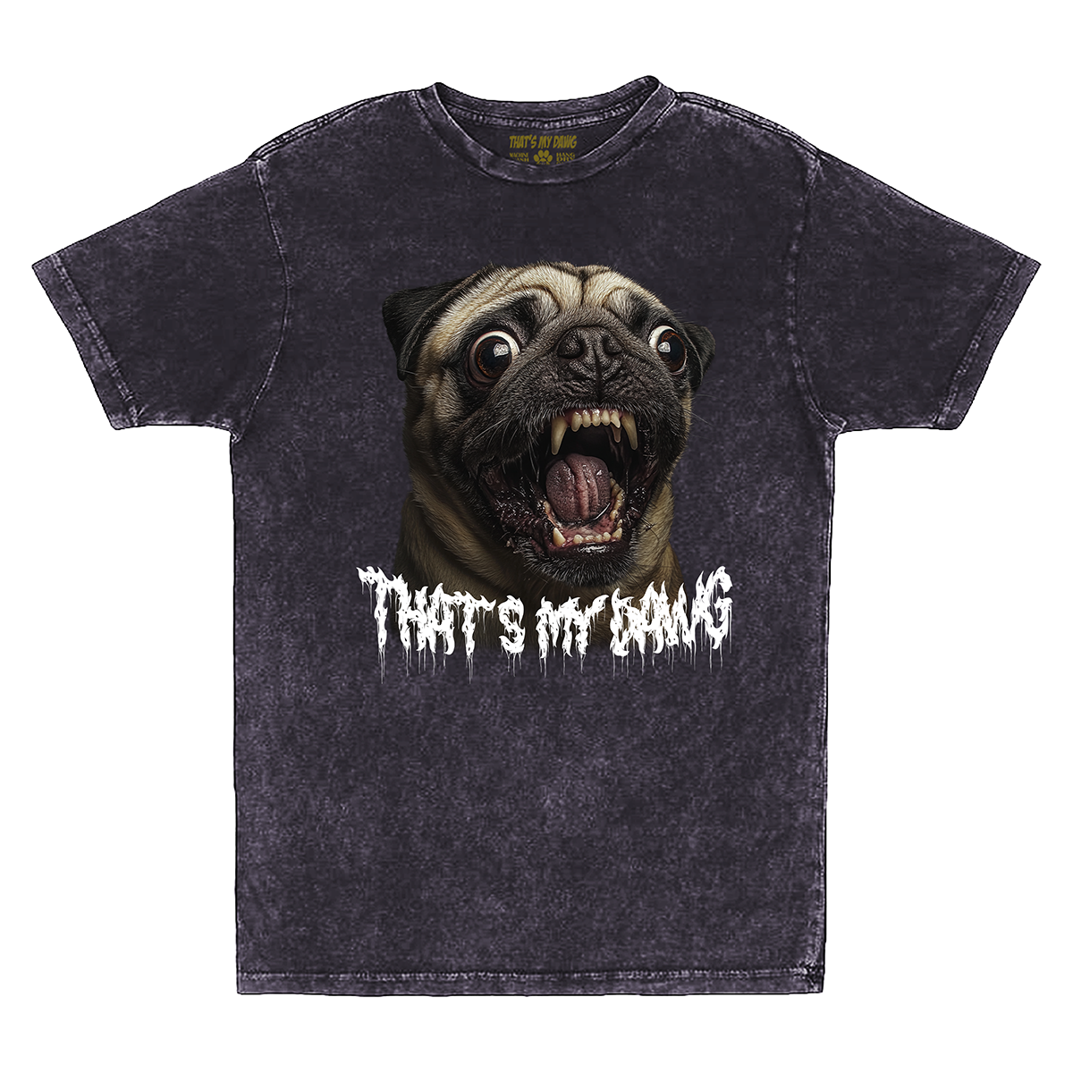 a black t - shirt with a pug's mouth and the words that