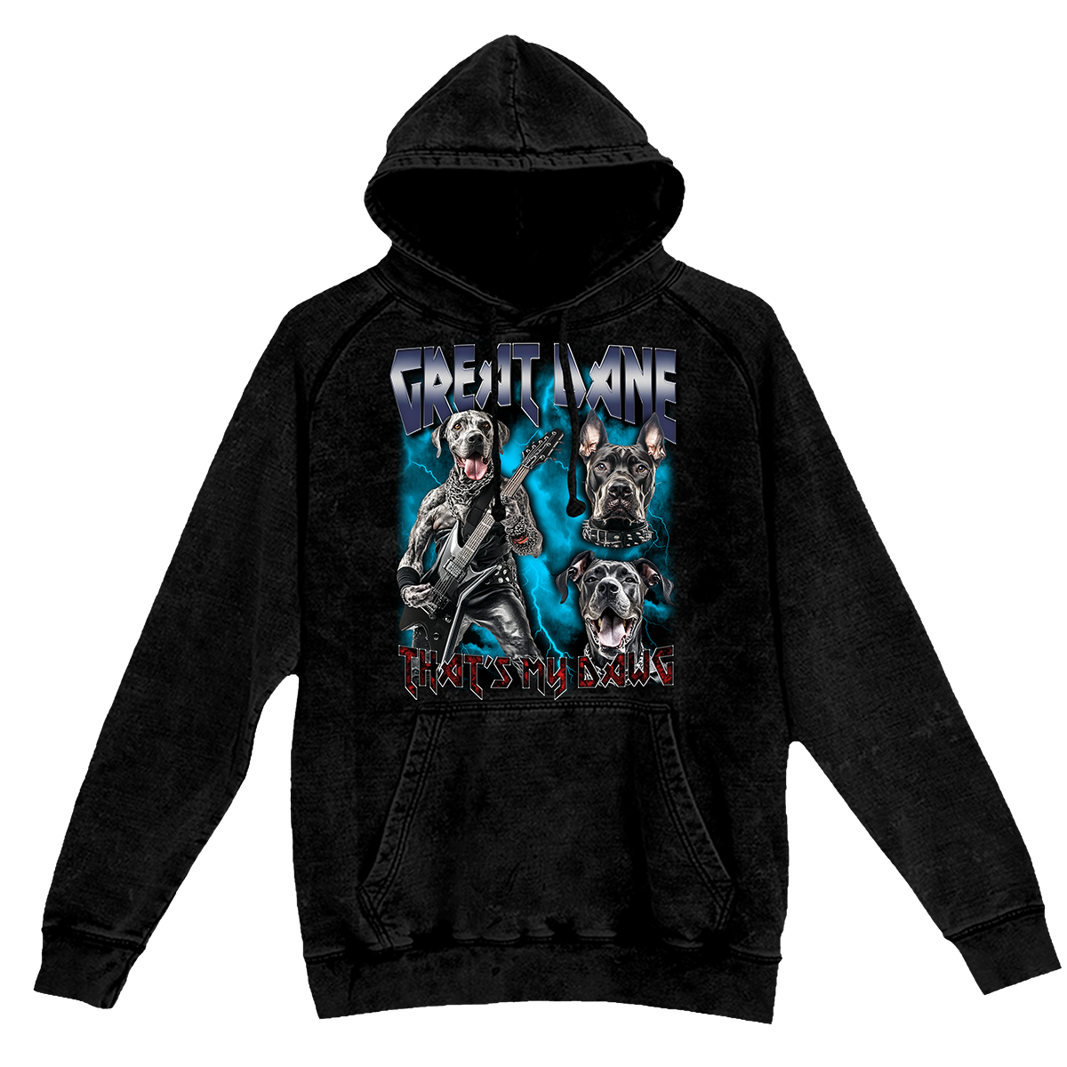 a black hoodie with two dogs on it