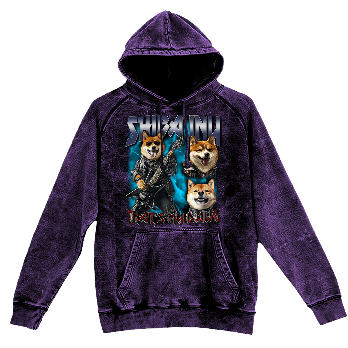 a purple hoodie with a picture of two dogs on it