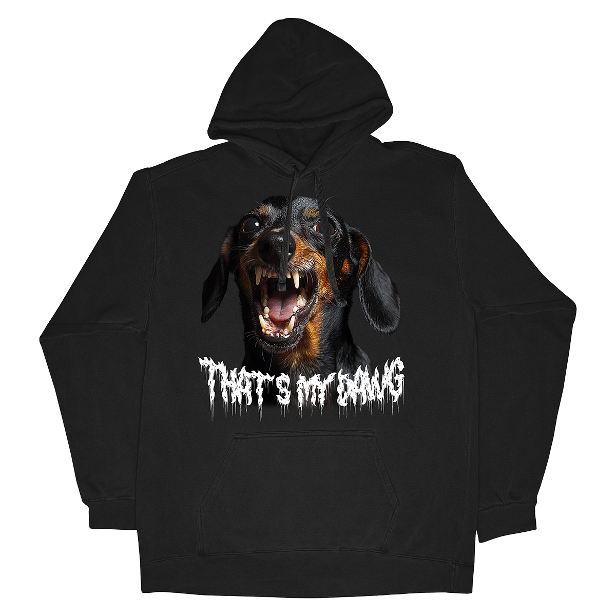 a black hoodie with a picture of a dog on it