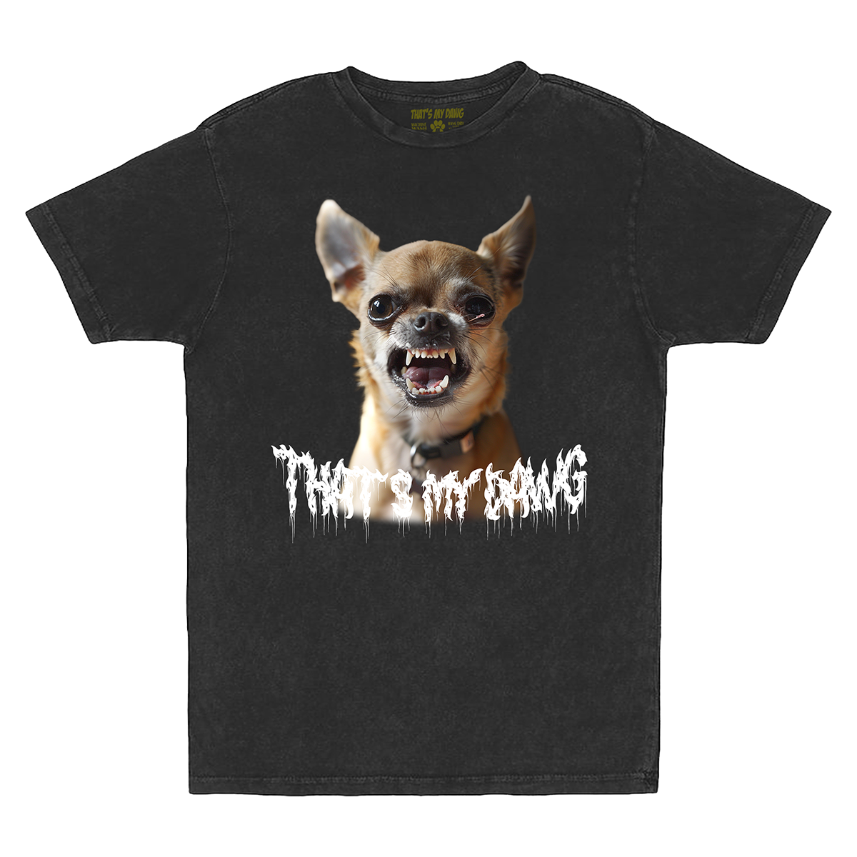 a black t - shirt with a picture of a dog on it