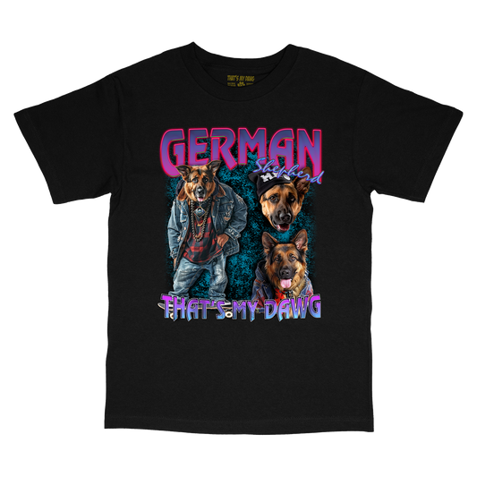 a black t - shirt with two dogs on it