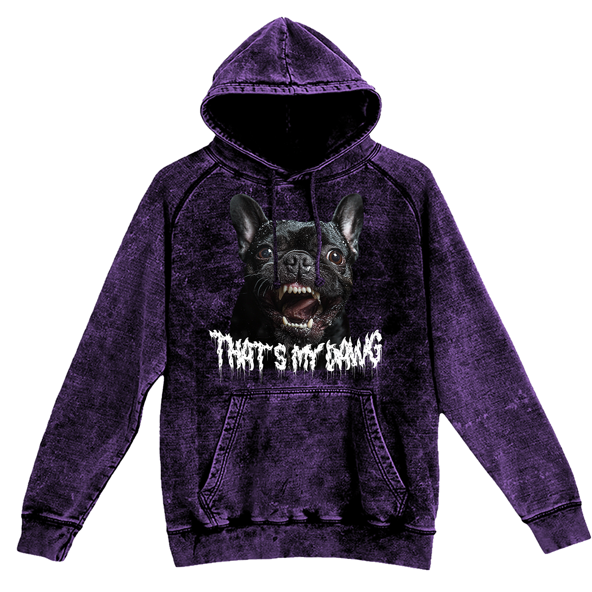 a purple hoodie with a picture of a dog on it