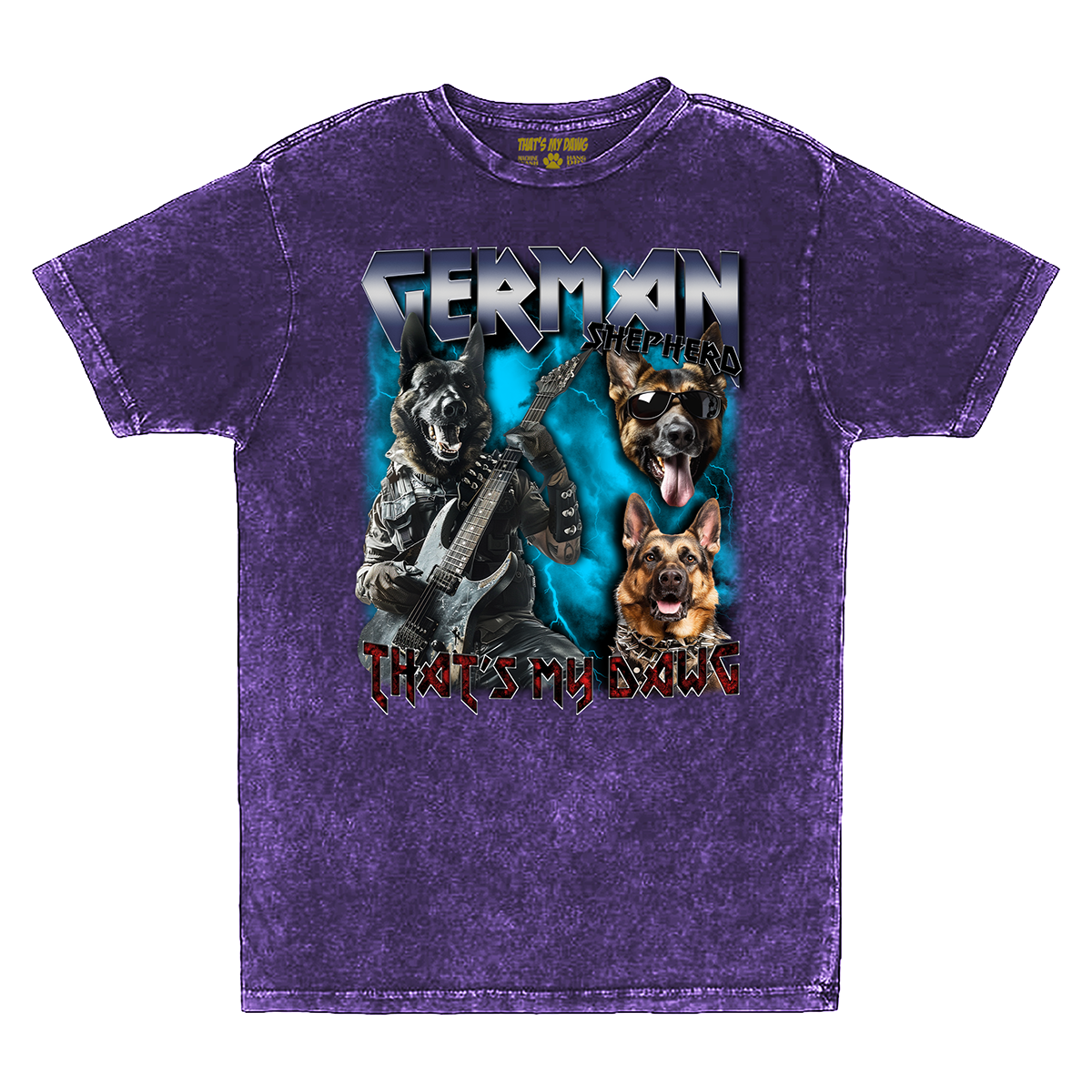 a purple shirt with a picture of two dogs on it