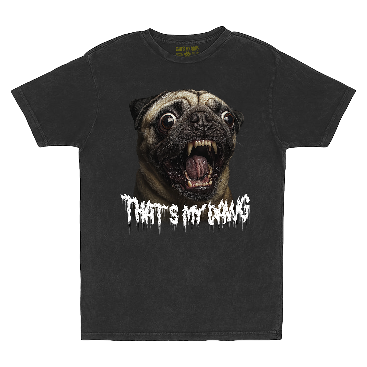 a black t - shirt with an image of a pug's mouth