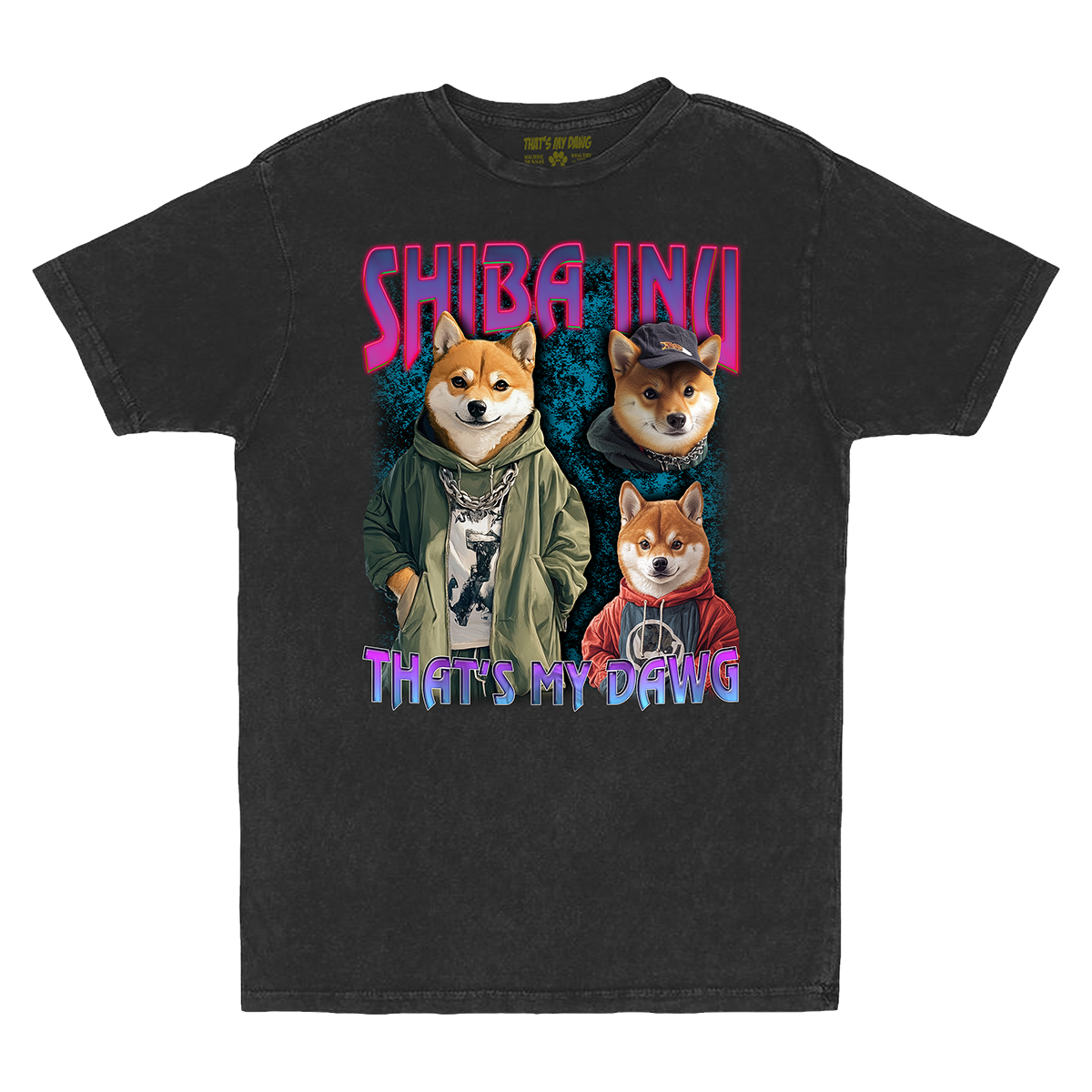 a black t - shirt with three dogs on it