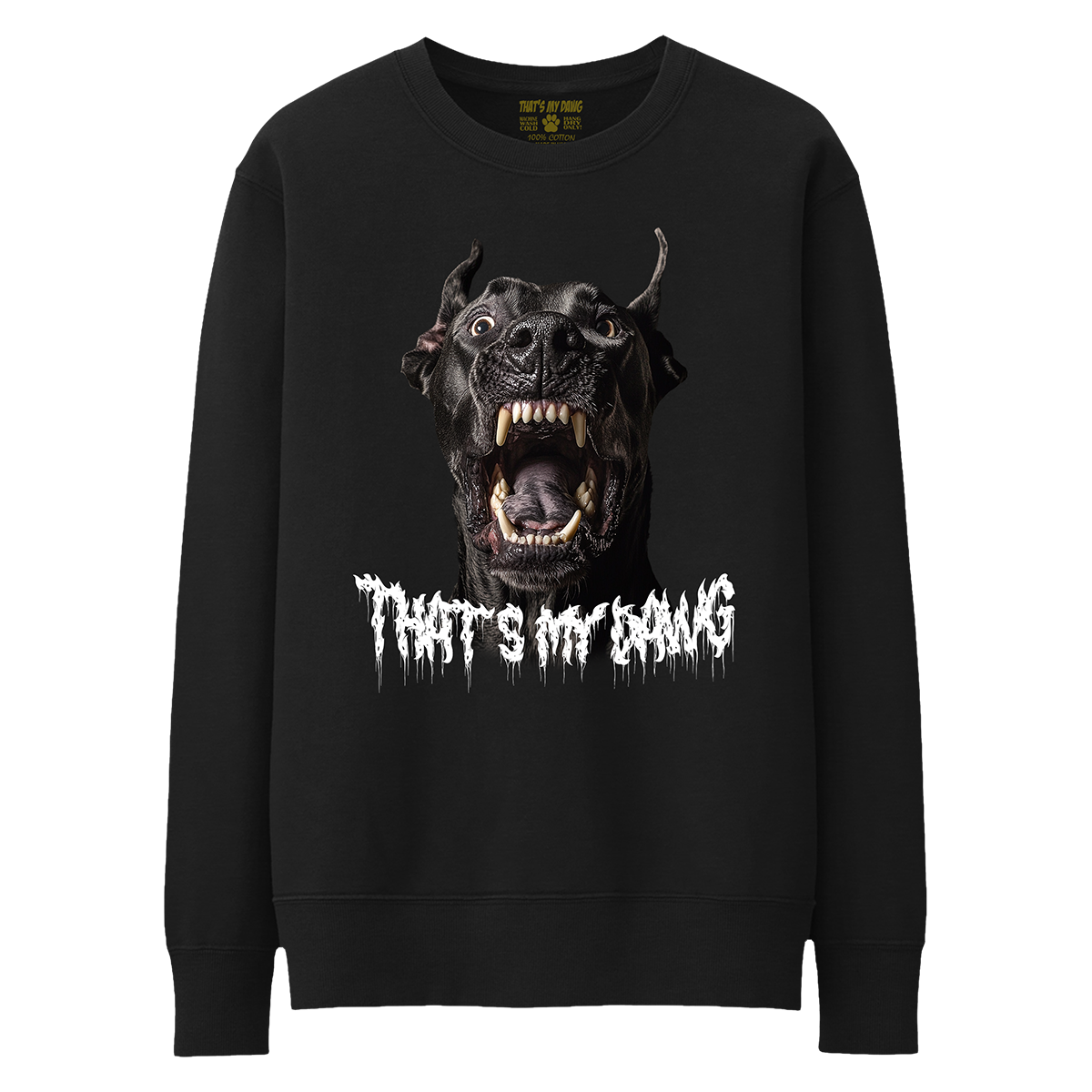 a black sweatshirt with an image of a dog with fangs