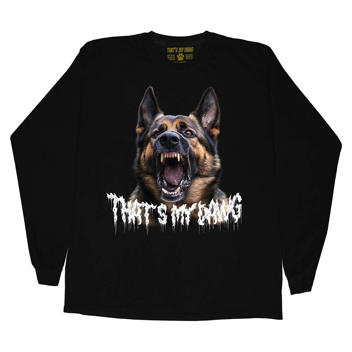 a black shirt with a picture of a dog with it's mouth open