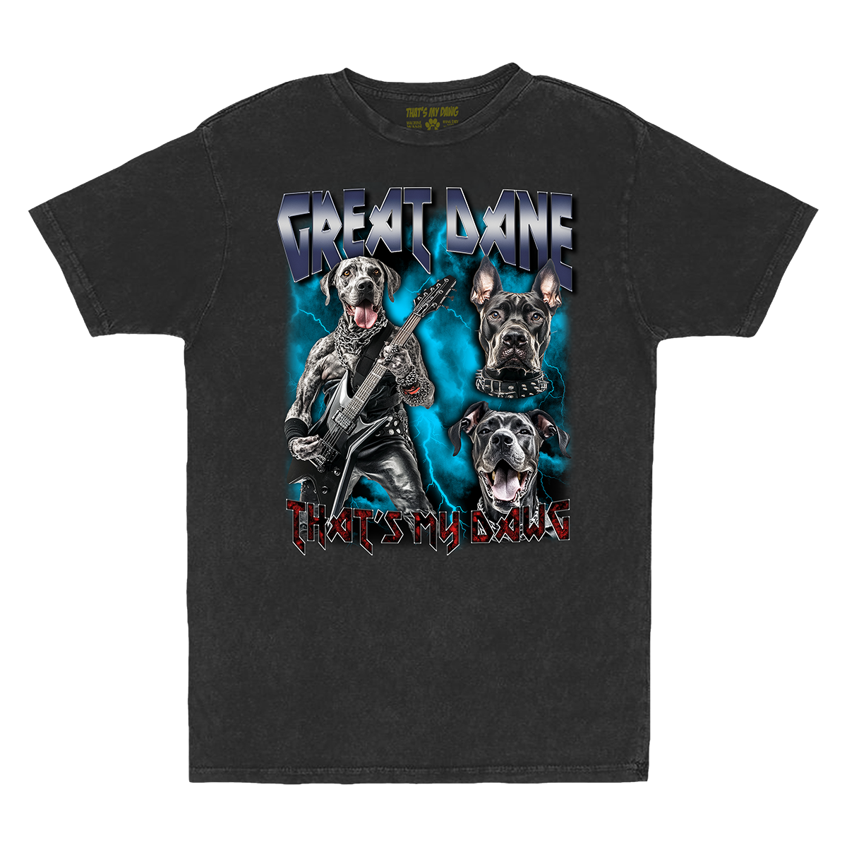 a black t - shirt with two dogs playing guitars