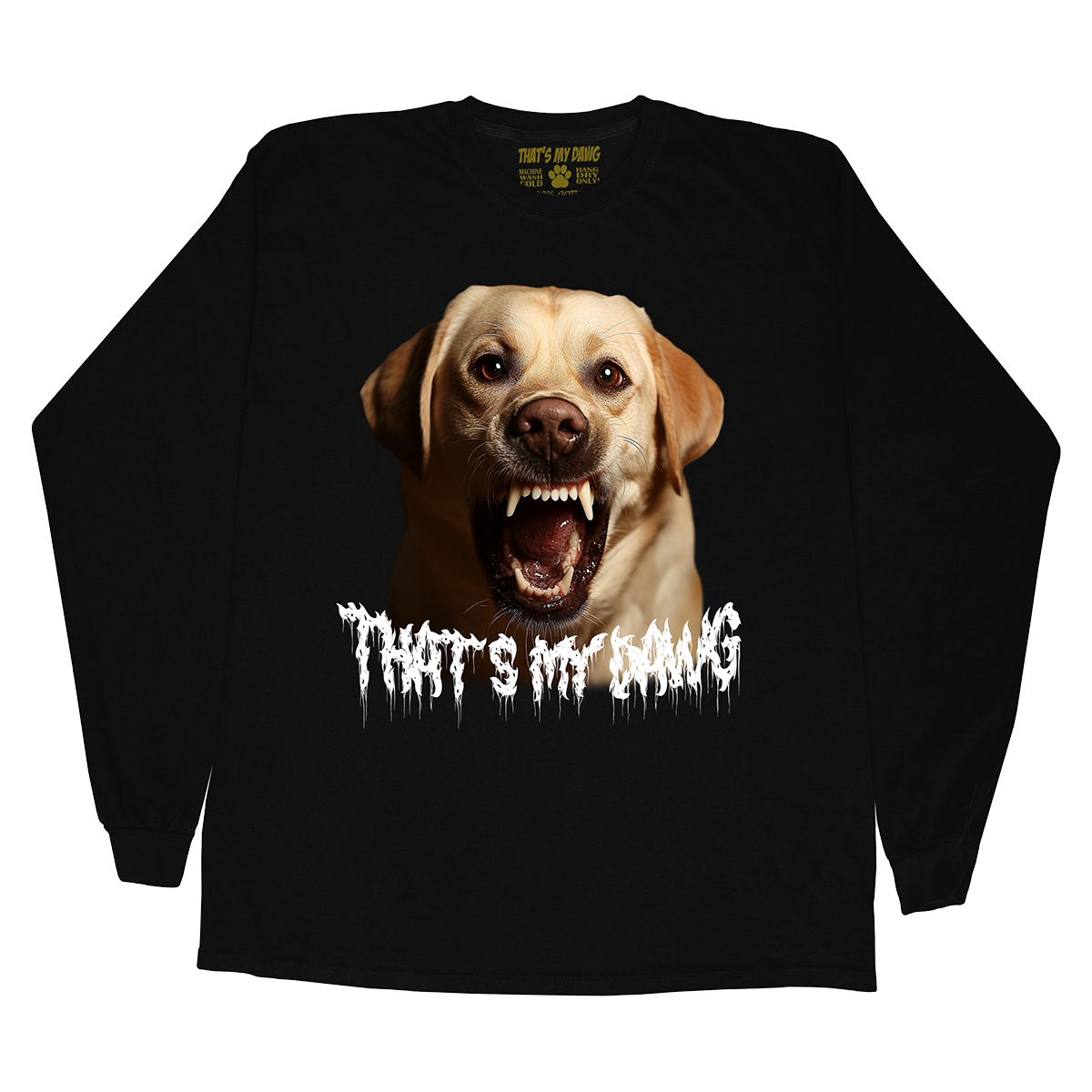 a black long sleeve shirt with a dog's face on it