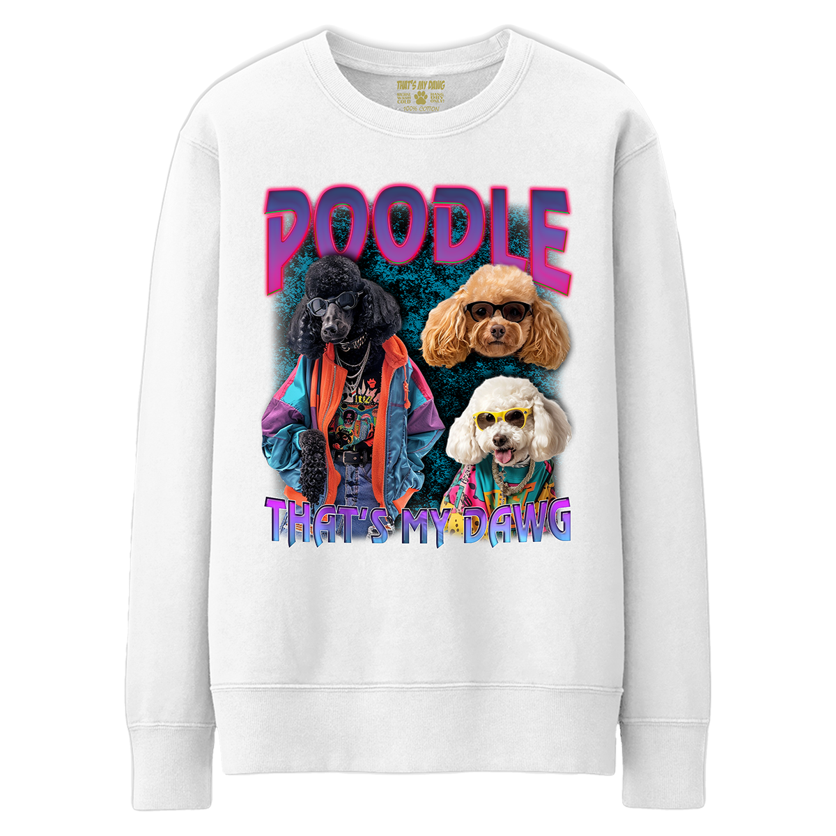 a white sweatshirt with a picture of poodles on it