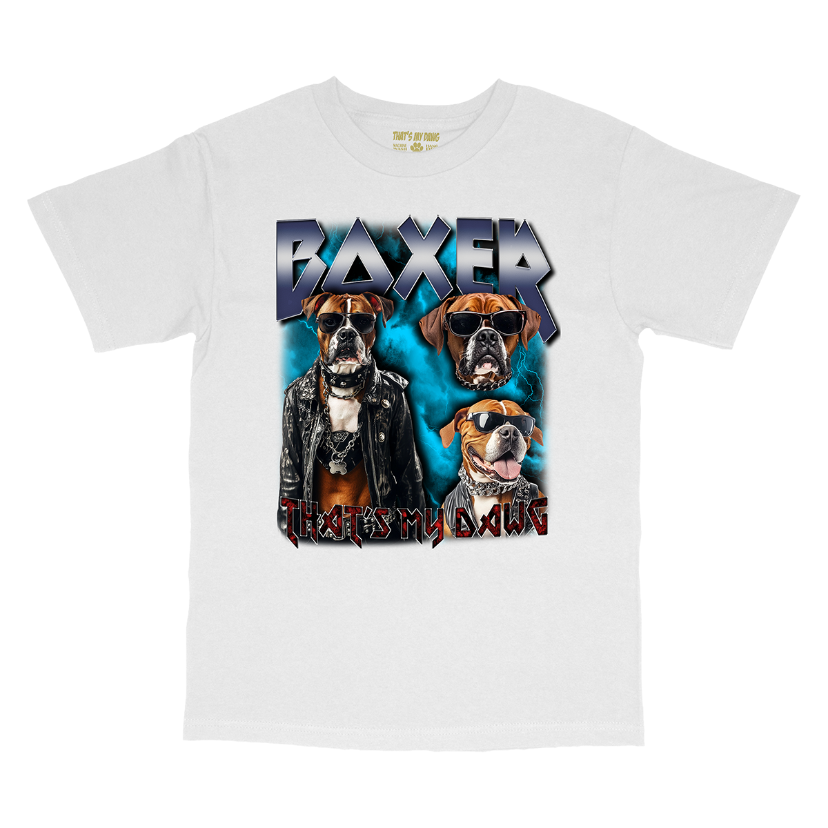 a white shirt with two dogs wearing sunglasses