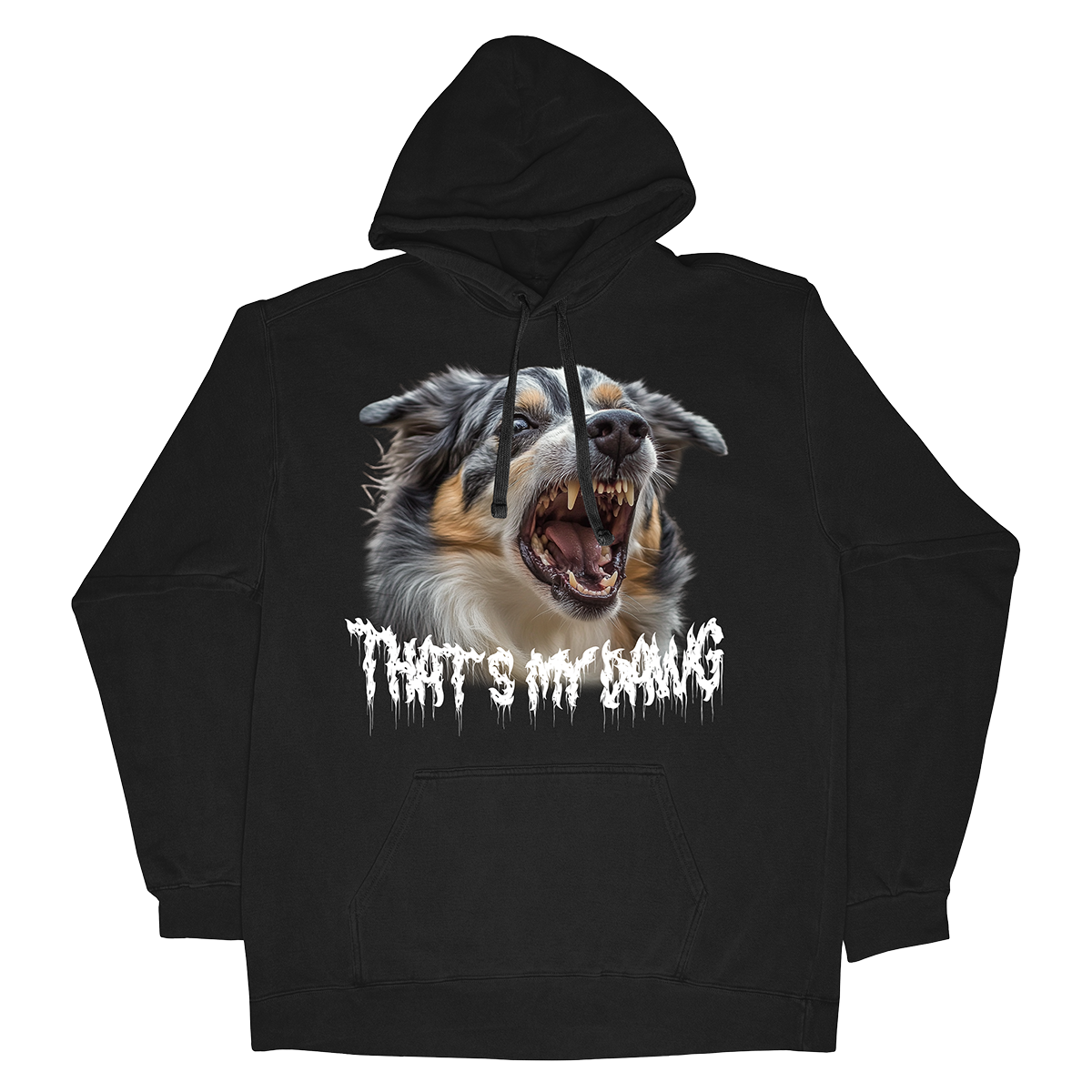 a black hoodie with a picture of a dog on it