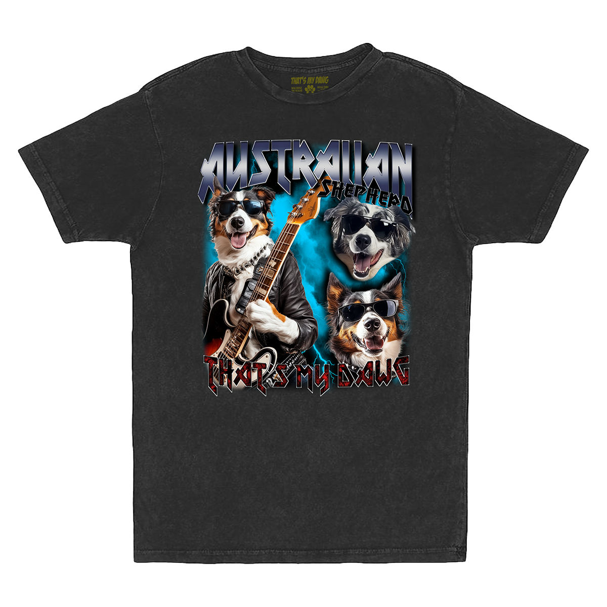 a black shirt with two dogs playing guitars