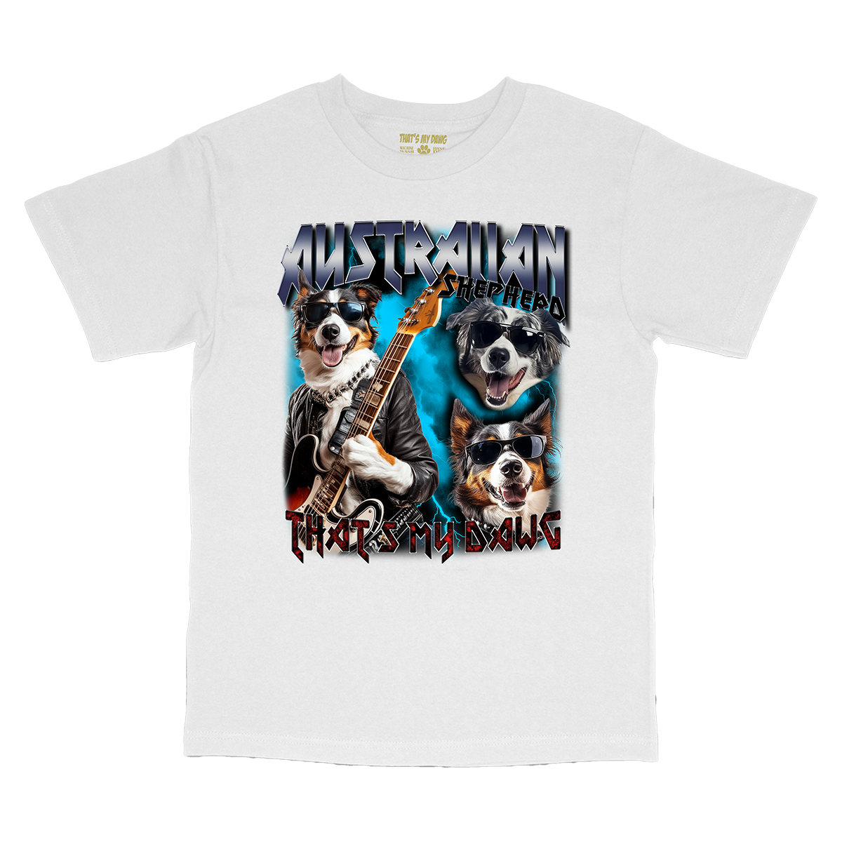 a white t - shirt with two dogs and a guitar