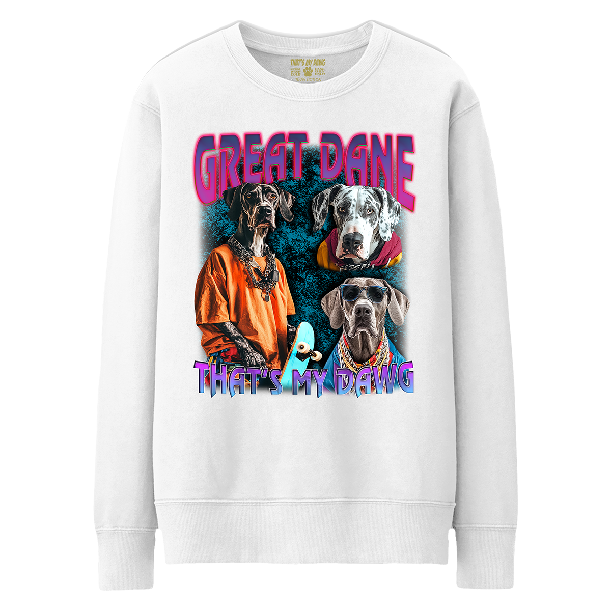 a white sweatshirt with three dogs on it