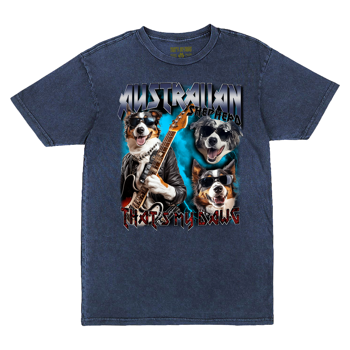 a blue t - shirt with two dogs playing guitar