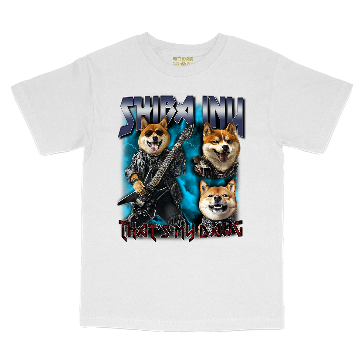 a white t - shirt with two dogs and a guitar