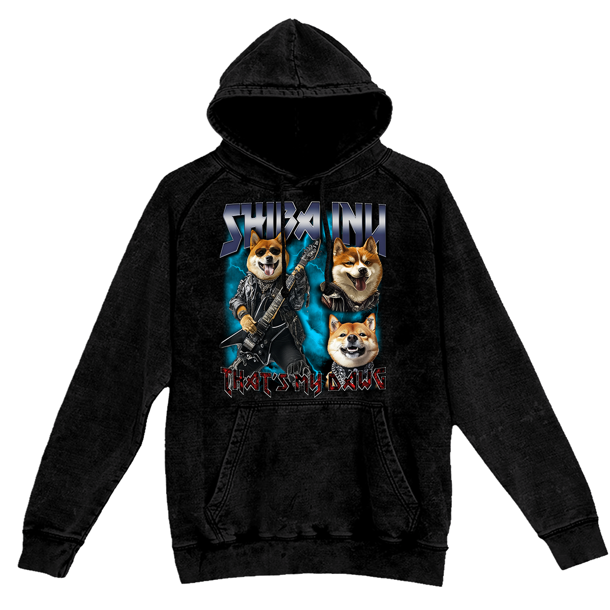 a black hoodie with a picture of two dogs on it