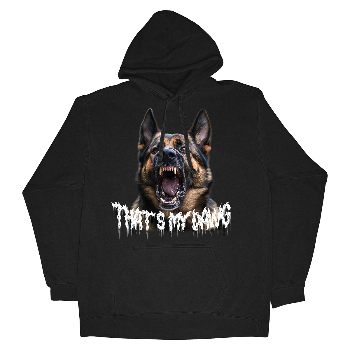 a black hoodie with an image of a german shepherd