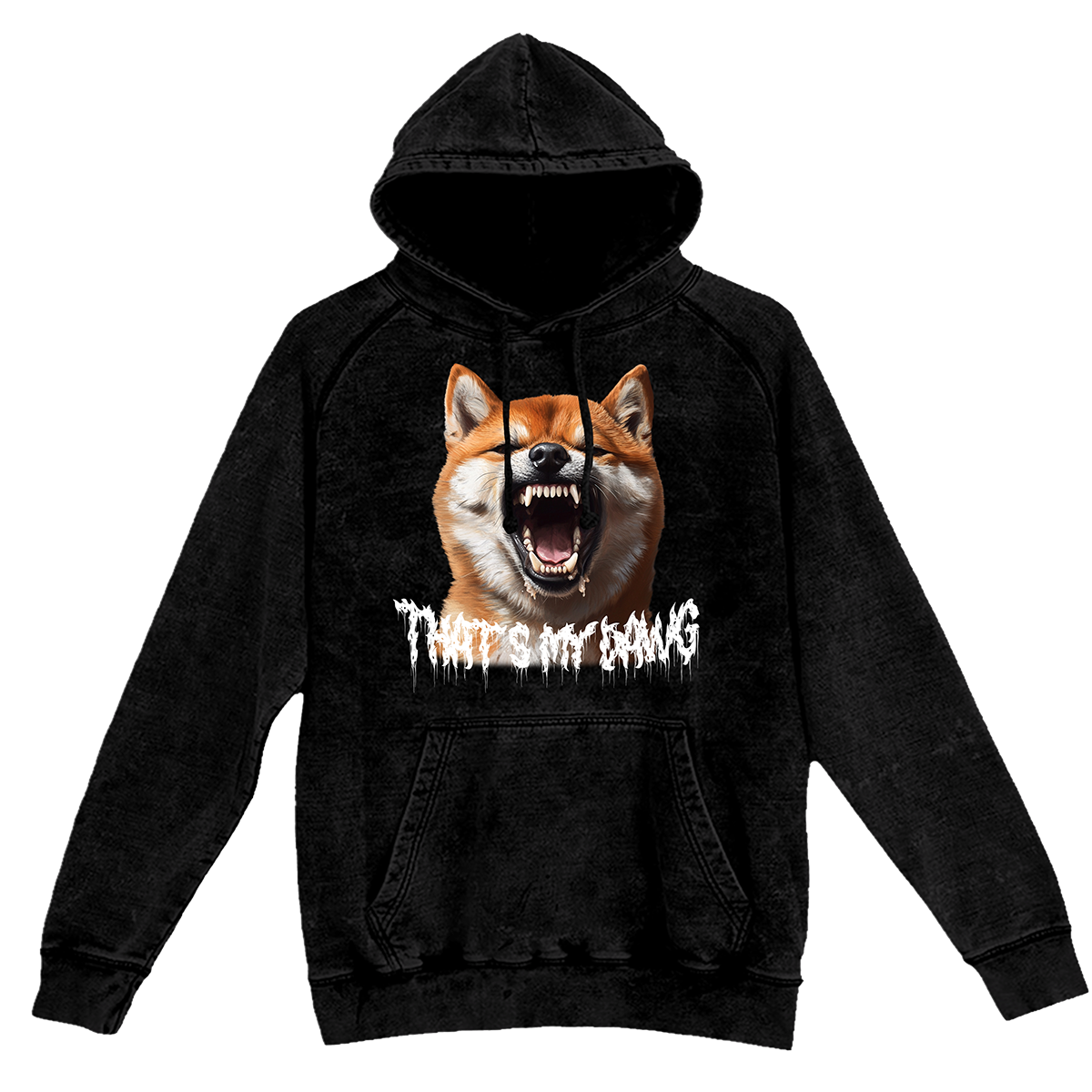 a black hoodie with a picture of a dog with a mouth open