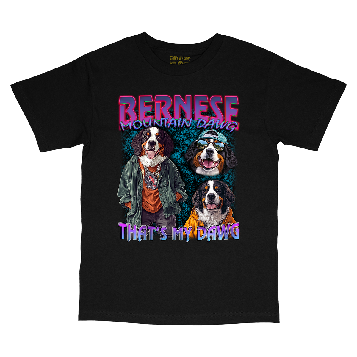a black t - shirt with two dogs wearing costumes