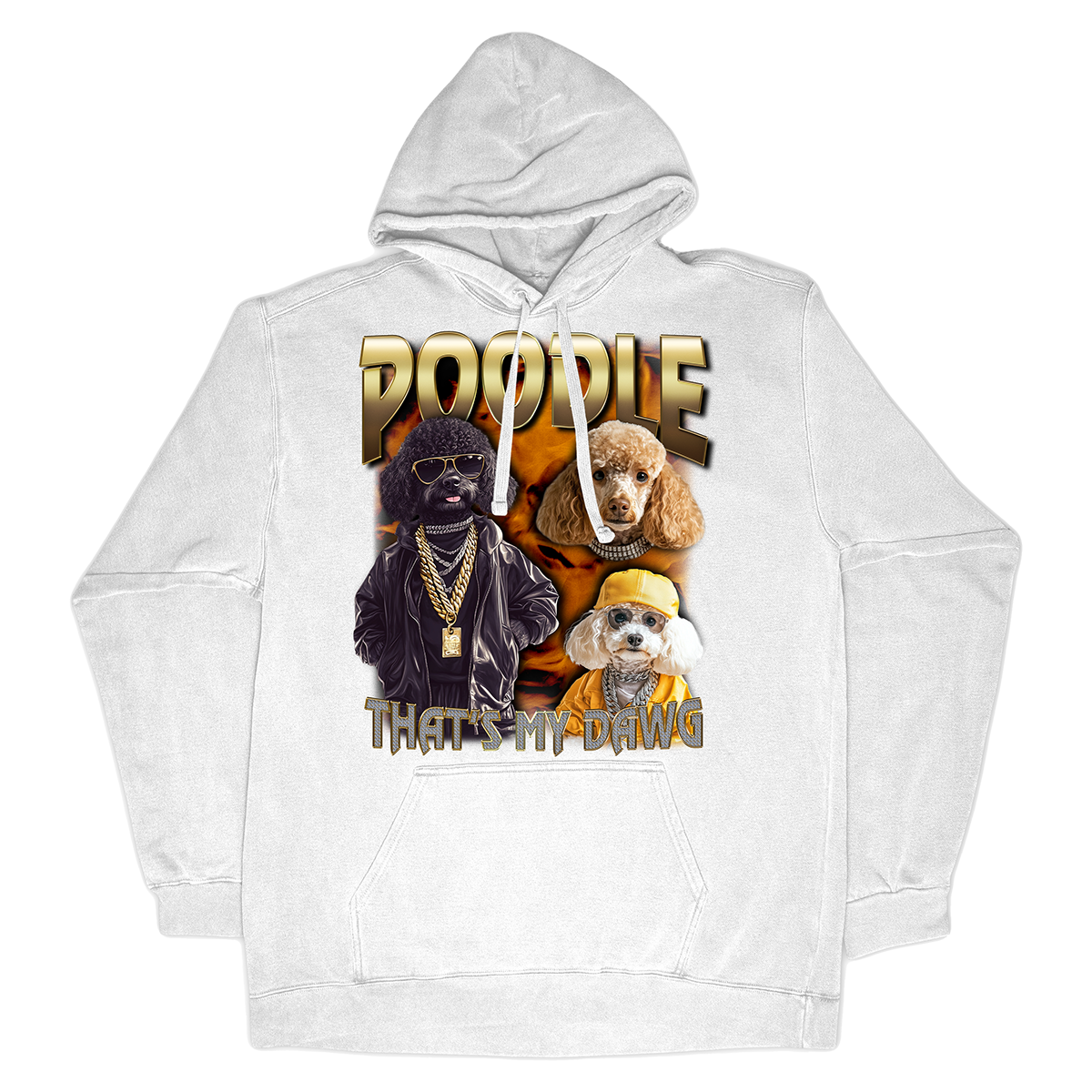 a white hoodie with a picture of poodles on it