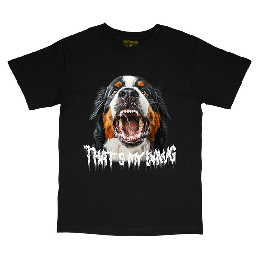 a black t - shirt with an image of a dog with its mouth open